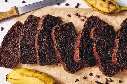 Double Chocolate Banana Bread sliced on a cutting board - select to zoom