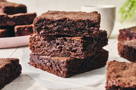 Quick and Easy Brownies stacked up high - select to zoom