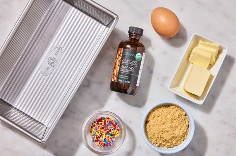 The ingredients of Small-Batch Birthday Cake Blondies - select to zoom